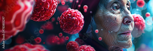 A serene elder lady gazes into the distance, surrounded by vivid red, berry-like spheres creating an abstract scene