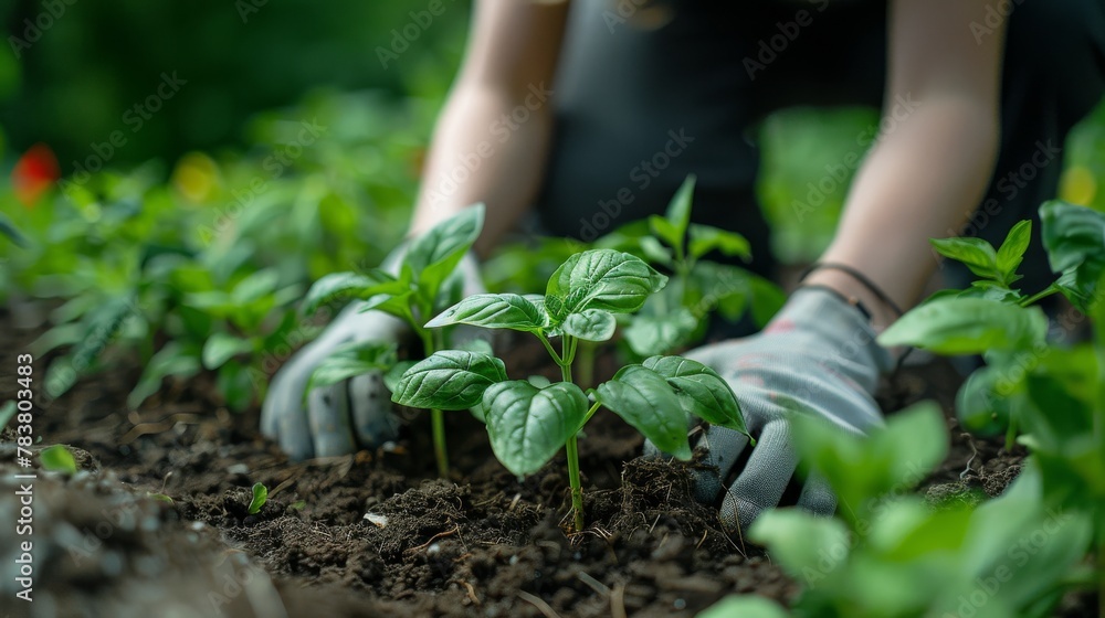 Planting young seedlings in fertile soil - obrazy, fototapety, plakaty 