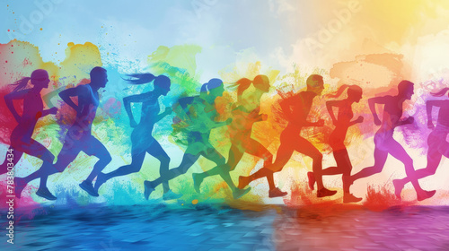 Silhouetted figures of participants in a marathon with a splash of multi-colored hues representing dynamic movement and energy