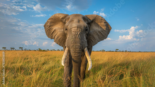  An elephant stands amidst a field of tall grass, surrounded by a blue sky and scattered clouds