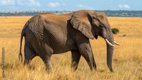   An elephant stands in a field of tall grass  its trunk raised high
