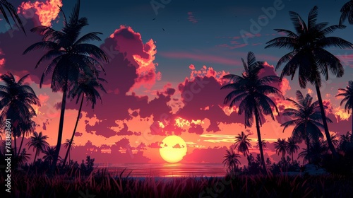 Tropical sunset with palm silhouettes