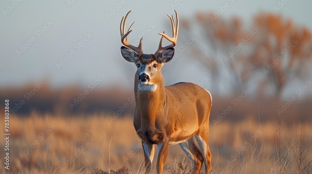 Fototapeta premium A deer up-close in tall grass field, trees behind, blue sky overhead