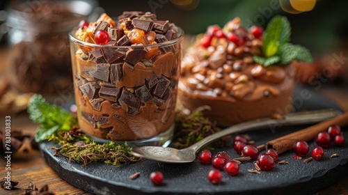  Two desserts, each topped with chocolate frosting, cranberries, and mint, sit prominently against a backdrop of a black plate The wooden table adds a warm