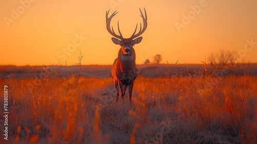  A deer silhouetted against the sunsetting horizon in a field
