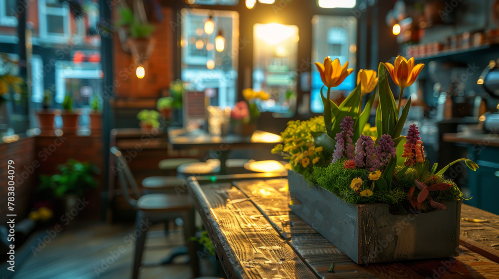   A wooden table, topped with a flower-filled planter displaying yellow and pink blooms, lies nearby a bar equipped with stools