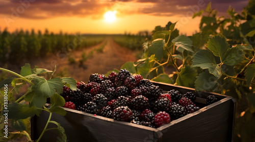 Blackberries harvested in a wooden box in a farm with sunset. Natural organic fruit abundance. Agriculture, healthy and natural food concept. Horizontal composition.