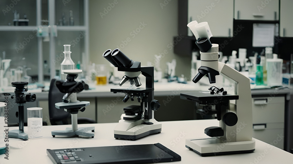 Microscope with lab glassware in modern medical laboratory Microscopes,Workplace with microscope in laboratory biochemical

