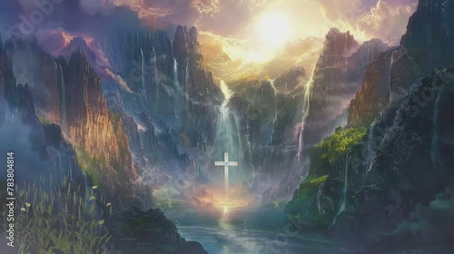 The cross of the Lord Jesus is in a very beautiful place . seamless looping time-lapse virtual video Animation Background. photo