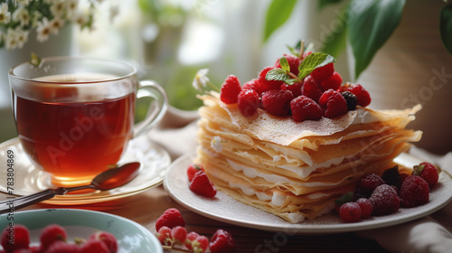 Pancakes topped with fresh berries, cream, and chocolate drizzle on a white plate