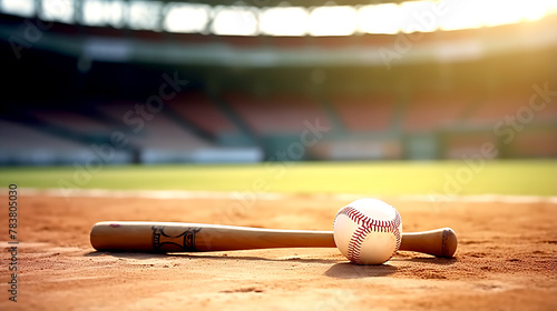 Baseball sport equipment background banner - Closeup of baseball, baseball and baseball bat on matchfield photo