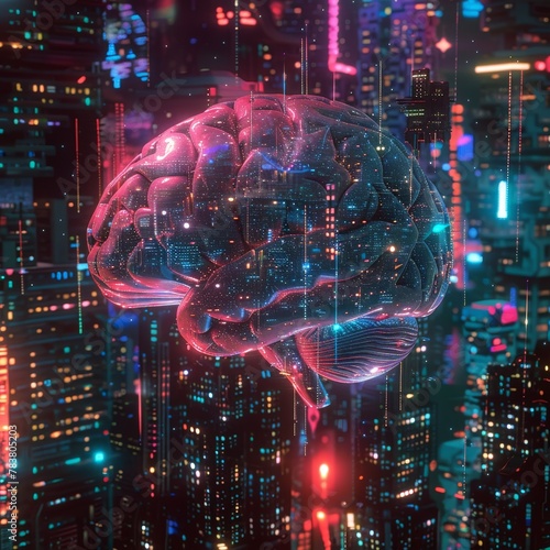 An AI brain superimposed on a cityscape, representing the digital mind and the integration of technology into urban environments. A vision of futuristic innovation