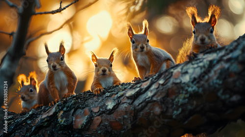Squirrel family on the forest tree in the evening with sunset. Group of wild animals in nature. photo
