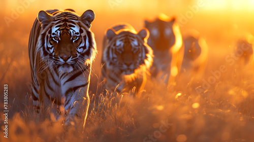 Tiger family in the savanna with setting sun shining. Group of wild animals in nature.