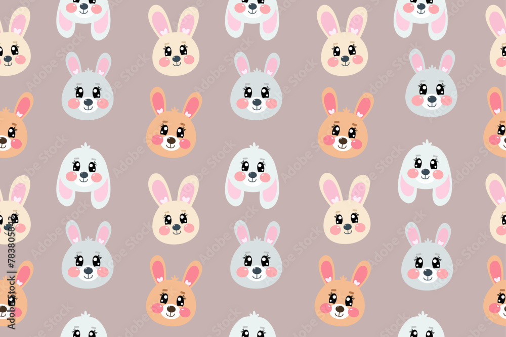 Seamless pattern with kawaii cute happy sweet face, head of bunny, rabbit face for children isolated on light brown, beige background. Vector cartoon illustration for baby, kids	