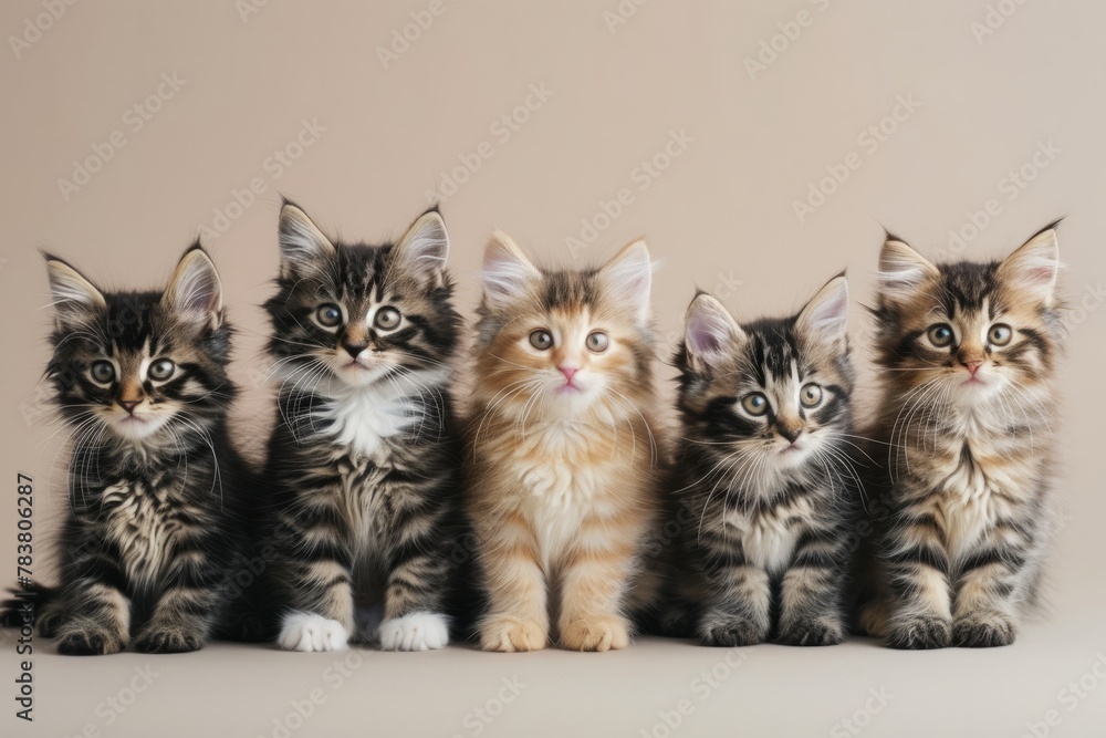 Kittens sit next to each other in a row on a light background	
