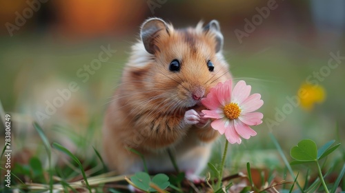   Hamster holds pink flower, gazes at camera; background softly blurred