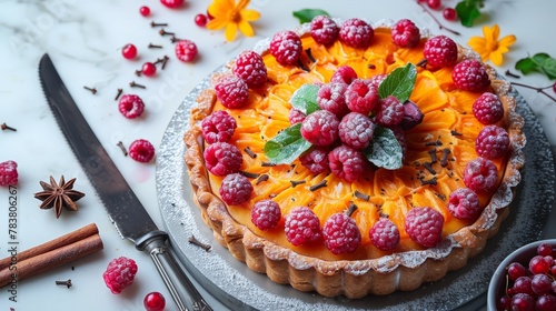  A tight shot of a cake on a plate, a knife nearby, and a bowl of berries beside the cake