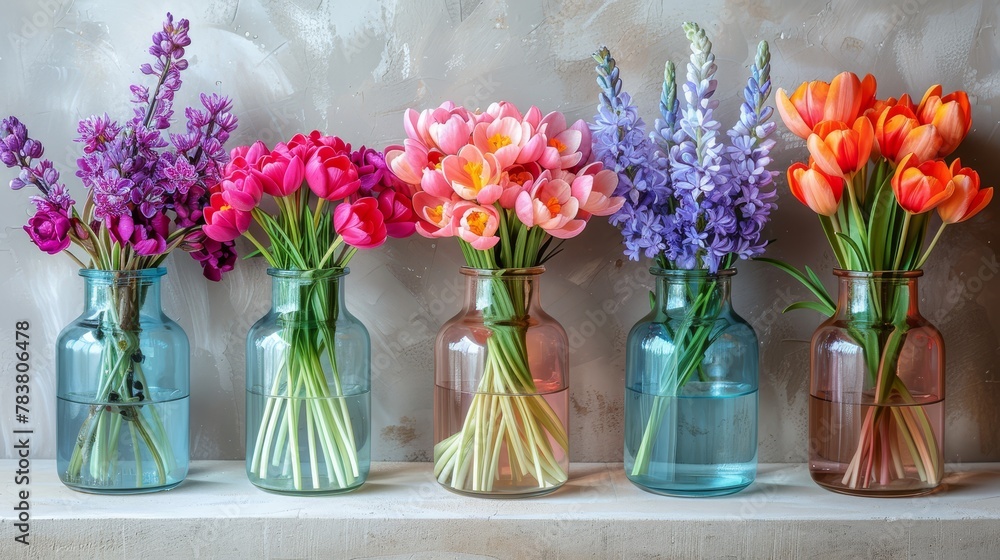 Obraz premium A white shelf holds a row of vases, each brimming with flowers against a pristine white wall backdrop