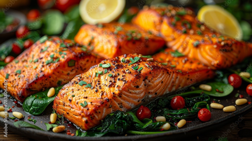   A plate of salmon, topped with spinach, tomatoes, pine nuts, and served with lemon wedges on a weathered wooden table