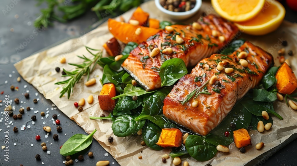 A tight shot of two salmon fillets on a plate, surrounded by fresh spinach leaves and sliced oranges Nearby, a small bowl holds seasoning A tight shot of two salmon fillets on a plate, surrounded by fresh spinach leaves and sliced oranges Nearby, a small bowl holds seasoning