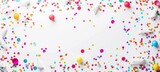 White blank banner with colorful confetti on a white background. Celebration card template design. Happy birthday or party invitation greeting festive party background. 