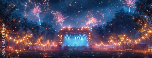 Holiday event with music festival in city park at night. Dark urban public garden landscape with fireworks over stage for concert. Cartoon vector illustration of scene for outdoor entertainment photo
