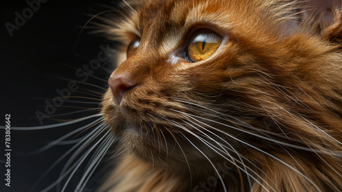   A tight shot of a cat's face, displaying long whiskers embedded in its fur and bright yellow eyes