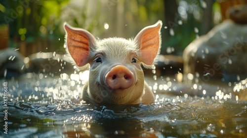   A pig swimming in a pool with ears above water surface and head partially submerged