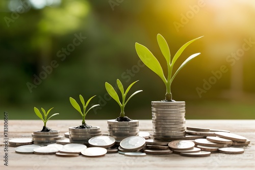Green seedling growing from pile of coins, investment concept