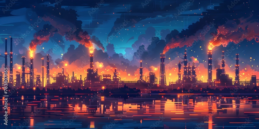 Fototapeta premium Nighttime Spectacle of Industrial Refinery Towers Alight with Fiery Flames Illuminating the Surreal Chemical Processing Ballet