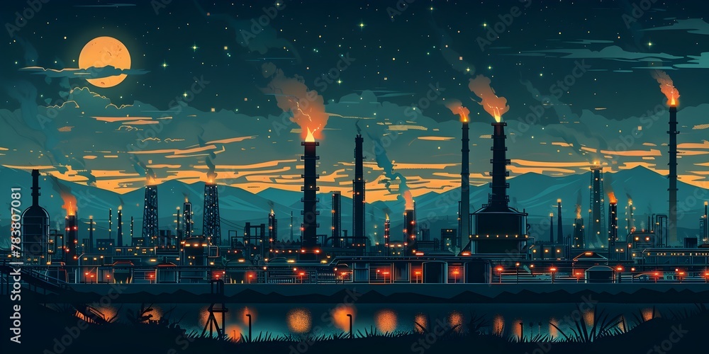 Dramatic Nighttime Panorama of an Industrial Oil Refinery Skyline with Towering Structures and Flaring Flames Lighting Up the Cityscape