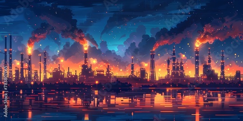 Nighttime Spectacle of Industrial Refinery Towers Alight with Fiery Flames Illuminating the Surreal Chemical Processing Ballet