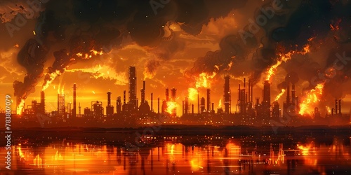 Nighttime Oil Refinery Inferno A Dramatic Depiction of Industrial Chaos and Environmental Disaster