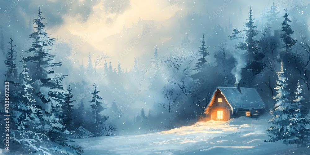Obraz premium Cozy Cottage Glowing in a Wintry Wonderland Landscape with Snow Covered Trees and Misty Atmosphere