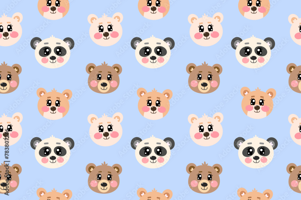 Seamless pattern with kawaii head bears, face of bear, panda isolated on light blue background. Cute children illustration, wallpapers for baby nursery, fabrics, postcards Seamless pattern with kawaii head bears, face of bear, panda isolated on light blue background. Cute children illustration, wallpapers for baby nursery, fabrics, postcards