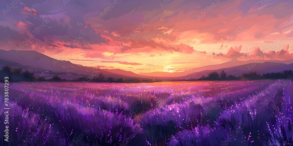 Tranquil Lavender Field at Sunset with Warm and Cool Tones