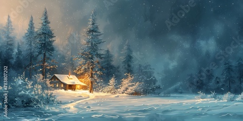 Cozy Snow Covered Cottage in Enchanting Winter Wonderland Landscape with Glowing Warm Lights and Serene Snowy Pine Trees at Twilight © Thares2020