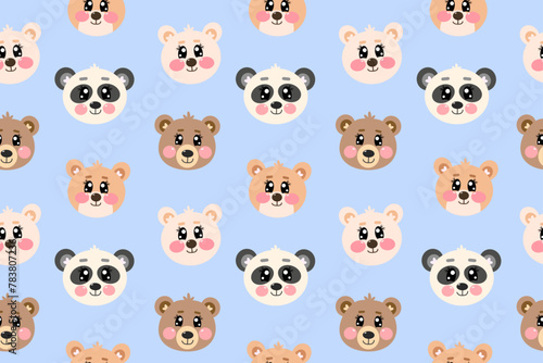 Seamless pattern with kawaii head bears  face of bear  panda isolated on light blue background. Cute children illustration  wallpapers for baby nursery  fabrics  postcards 