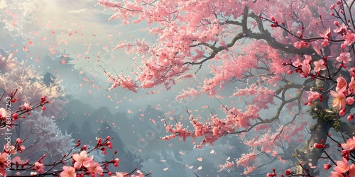 Serene Cherry Blossom Trees in Full Bloom Representing the Fleeting Beauty of Spring in Japan