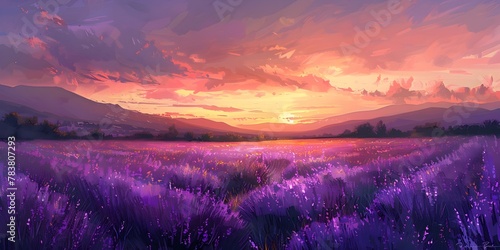 Tranquil Lavender Field at Sunset with Warm and Cool Tones