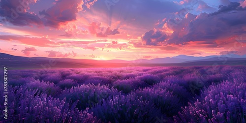 Lavender Field Sunset Landscape with Warm and Cool Tones Blending into the Night Sky © Thares2020