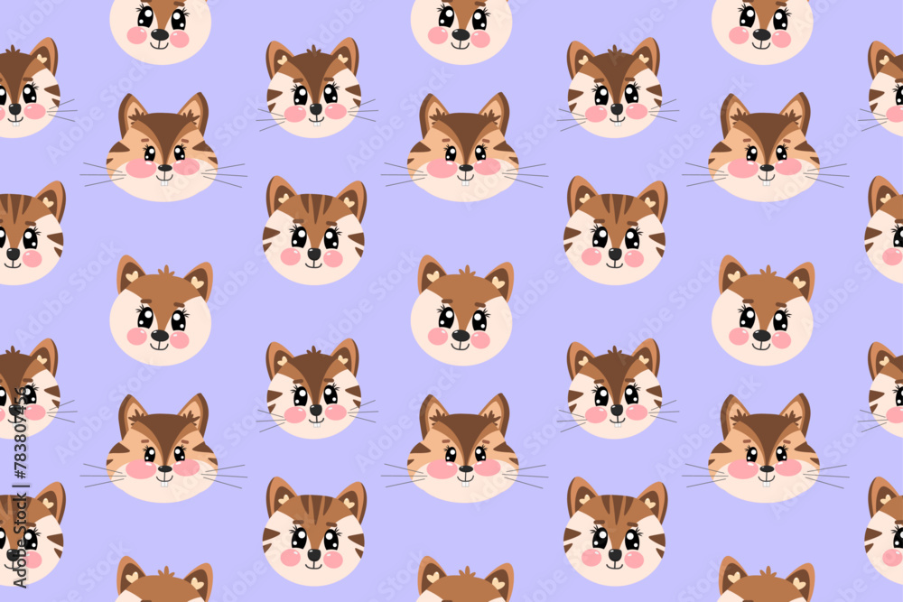 Fototapeta premium Seamless pattern with kawaii cute little face, head of tiger, fox and chipmunk face for children isolated on purple background. Vector illustration for baby nursery, kids textile