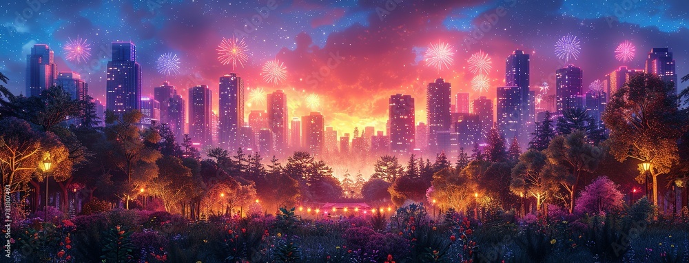 Fototapeta premium Holiday event with music festival in city park at night. Dark urban public garden landscape with fireworks over stage for concert. Cartoon vector illustration of scene for outdoor entertainment