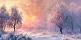 Ethereal Winter Morning Landscape with Frost Covered Trees and Soft Pink Sunrise