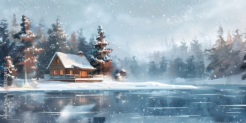 Serene Winter Cabin by Frozen Lake Surrounded by Snow Dusted Pine Trees Embodying the Tranquility of the Season © Thares2020