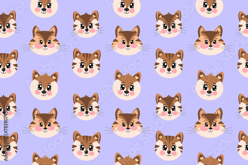 Seamless pattern with kawaii cute little face, head of tiger, fox and chipmunk face for children isolated on purple background. Vector illustration for baby nursery, kids textile