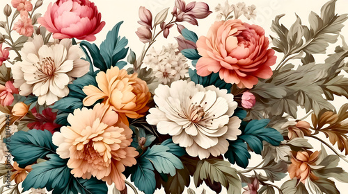 Beautiful fantasy vintage wallpaper botanical flower bunch,vintage motif for floral print digital background