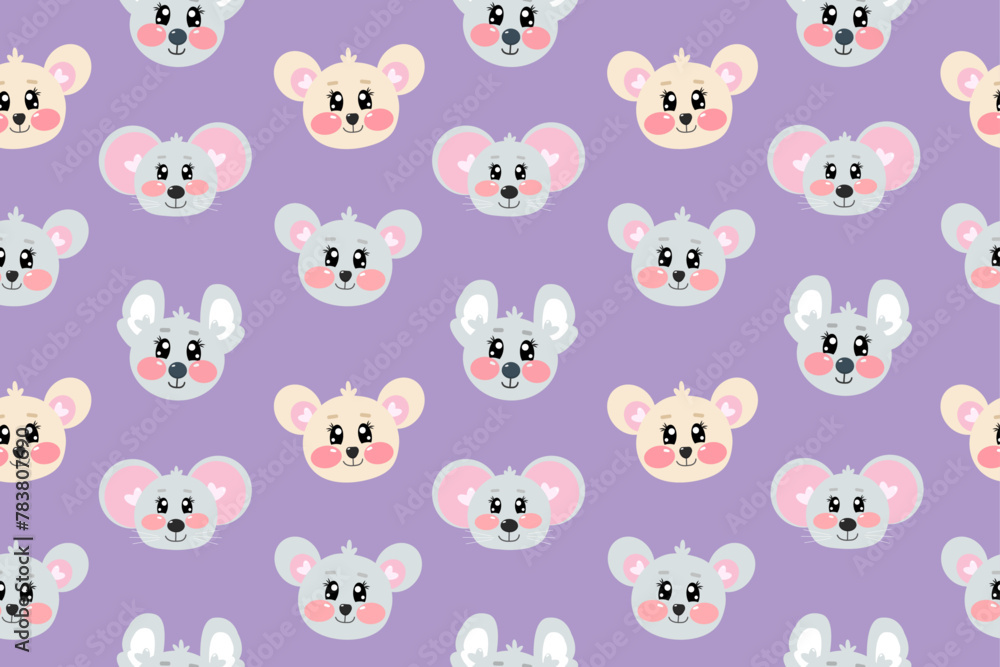 Seamless pattern with different kawaii mouses heads for kids, print, textile, nursery on purple background