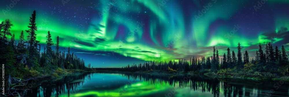 Northern lights circling over a dense forest and a calm lake